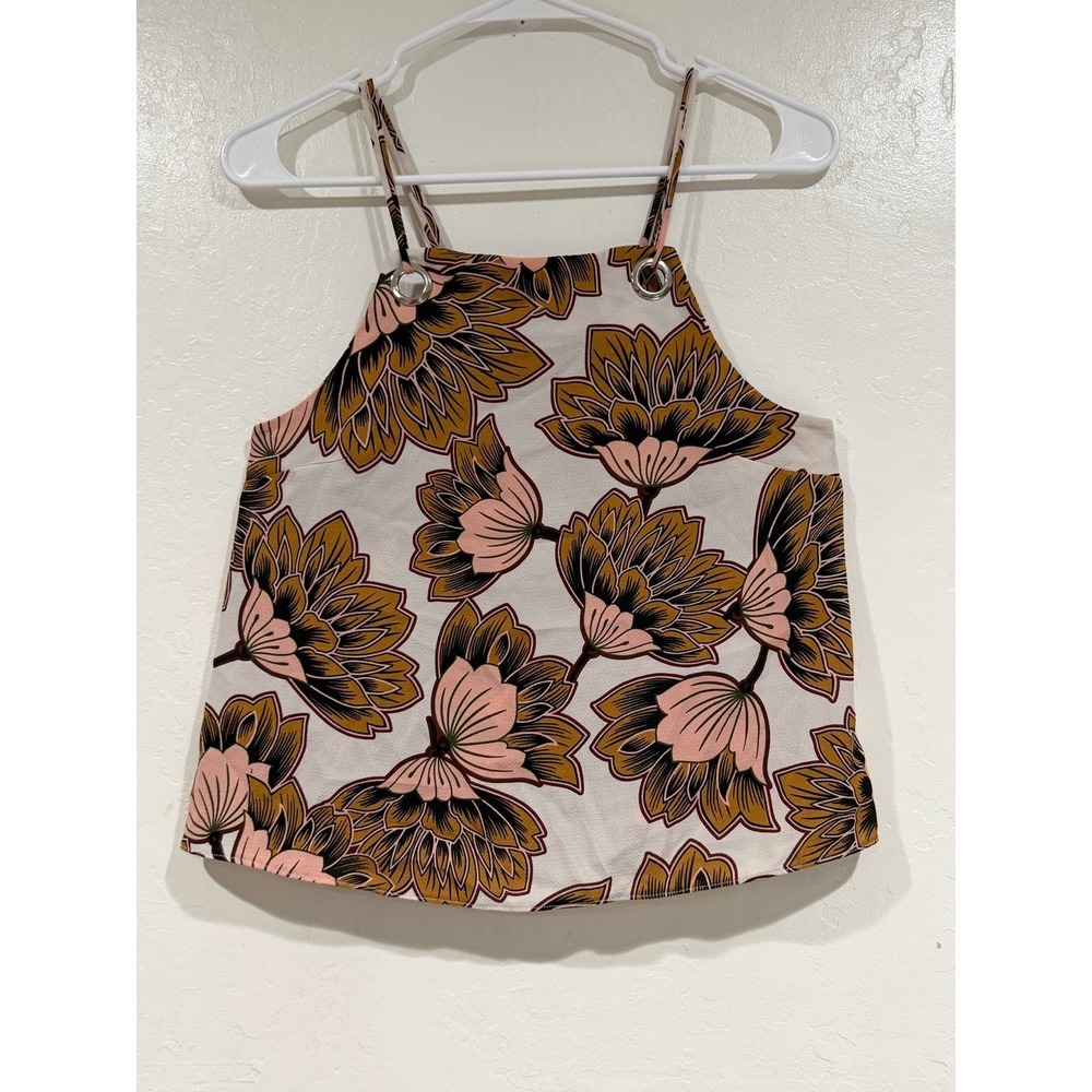 Topshop Petite Floral High Neck Grommet Cami Top Pink Yellow Black Size US 6 - Picture 2 of 6